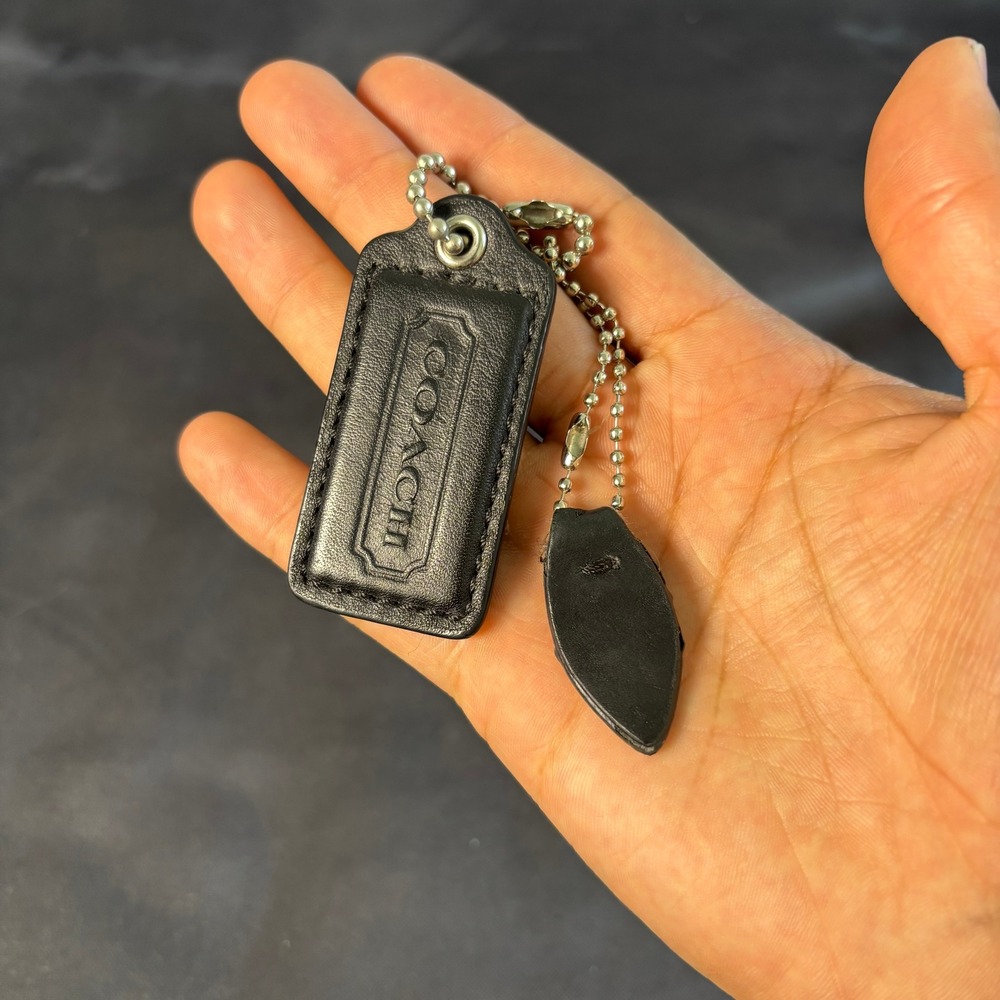 Coach Black Leather Logo Hangtag Bag Charm with Silver Ball Chain Replacement
